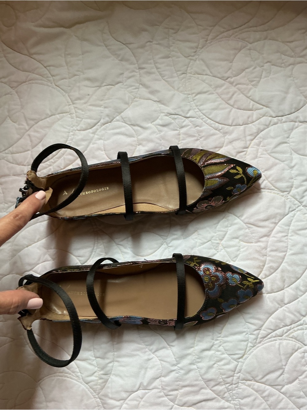 Anthropologie Black Floral Brocade Embroidered Pointed Ballet Flats Ankle Straps